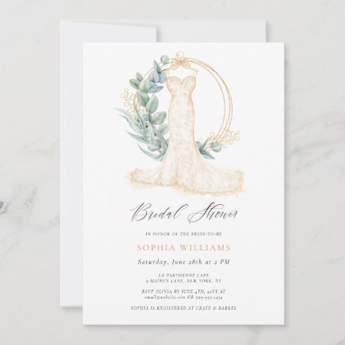 Elegant Gold Greenery Wedding Dress Bridal Shower Invitation