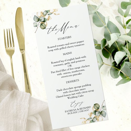 Elegant Gold Greenery Wedding Menu Cards