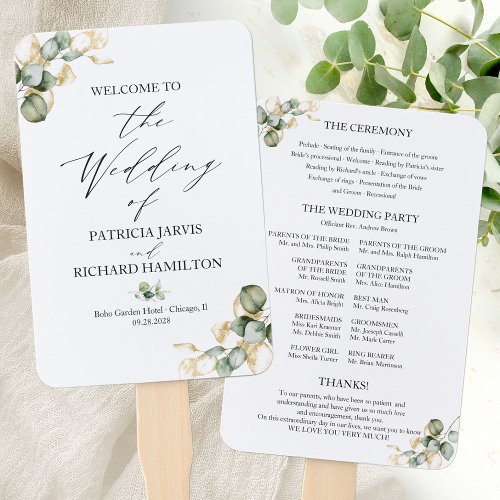 Elegant Gold Greenery Wedding Program Hand Fan