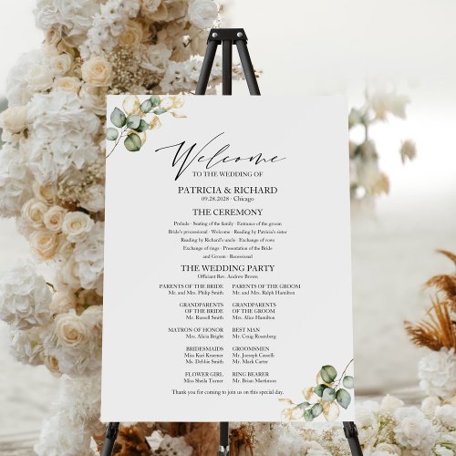 Elegant Gold Greenery Wedding Program Sign