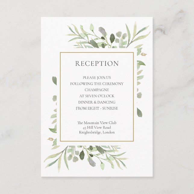 Elegant Gold Greenery Wedding Reception Enclosure Card (Front)