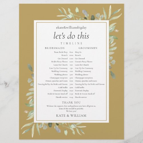 Elegant Gold Greenery Wedding Schedule Timeline