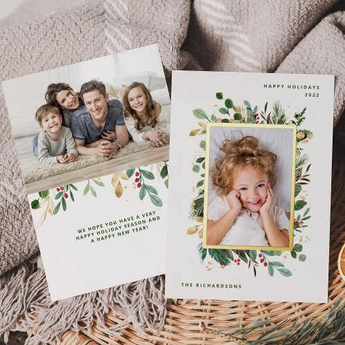 Elegant Gold Greenery  White with Two Photos Foil Holiday Card