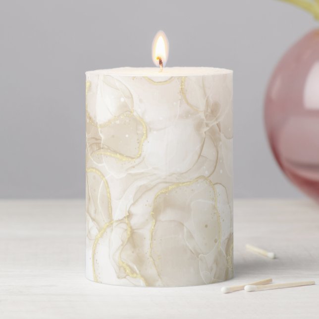 Elegant Gold Grey Brown White Marble Stone Agate Pillar Candle (In Situ)