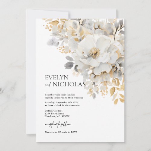 Elegant Gold Grey Gold Floral Wash QR code Invitation