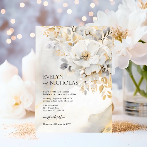 Elegant Gold Grey Gold Floral Wash QR code Invitation