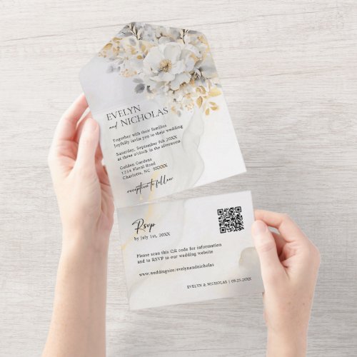 Elegant Gold Grey Gold Floral Wash QR code Wedding All In One Invitation