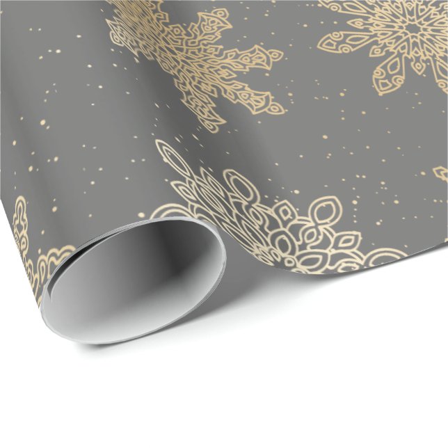 Elegant Gold & Grey Snowflake Christmas Pattern Wrapping Paper (Roll Corner)