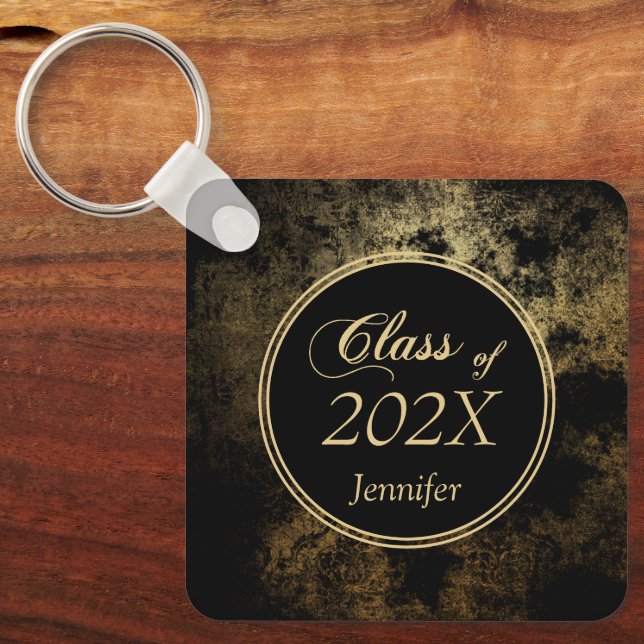 Elegant Gold Grunge over Black Graduation Keychain (Front)