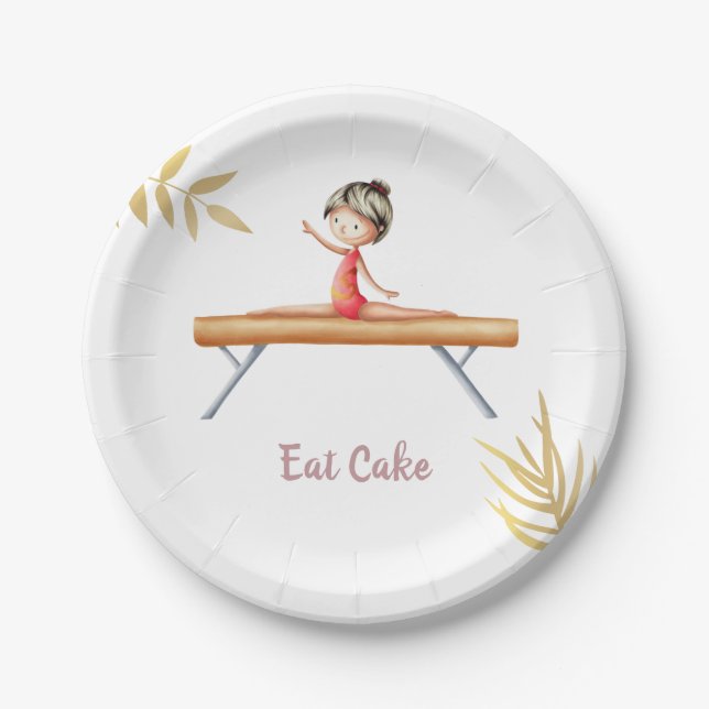 Elegant Gold Gymnast on Beam Eat Cake Party Paper Plates (Front)
