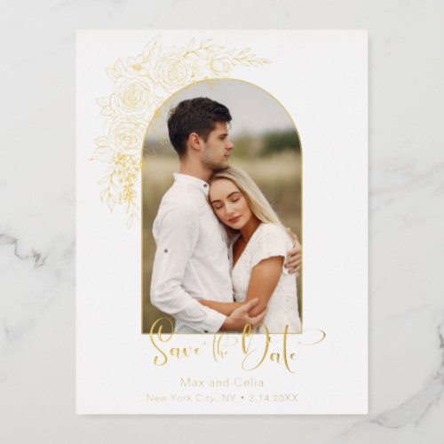 Elegant Gold Hand Drawn Rose Photo Save the Date Foil Invitation Postcard