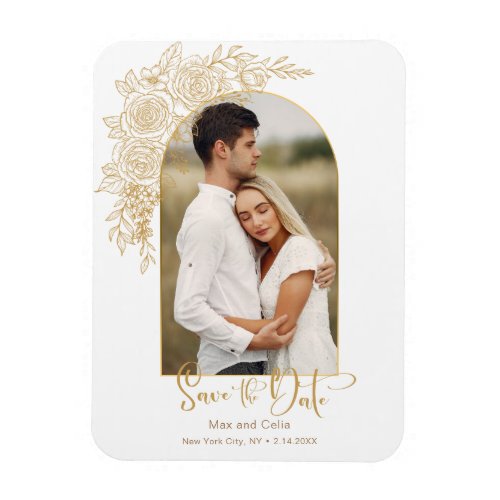 Elegant Gold Hand Drawn Rose Photo Save the Date Magnet