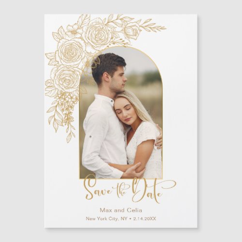 Elegant Gold Hand Drawn Rose Photo Save the Date Magnetic Invitation