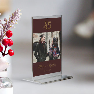 Elegant Gold Hand Lettered Burgundy Photo Wedding Table Number