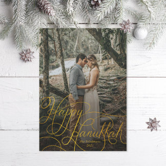 Elegant Gold Hand Lettered Happy Hanukkah Photo Holiday Card