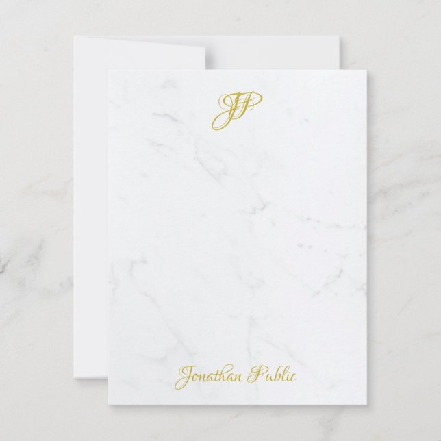 Elegant Gold Hand Script Monogram White Marble Note Card (Front)