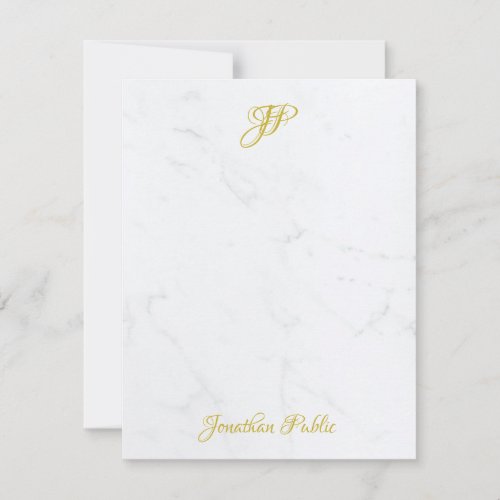 Elegant Gold Hand Script Monogram White Marble Note Card