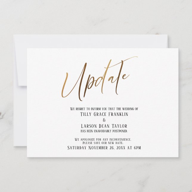 Elegant Gold Handwriting Postponed Wedding Update  Invitation (Front)