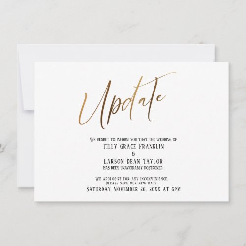 Elegant Gold Handwriting Postponed Wedding Update  Invitation