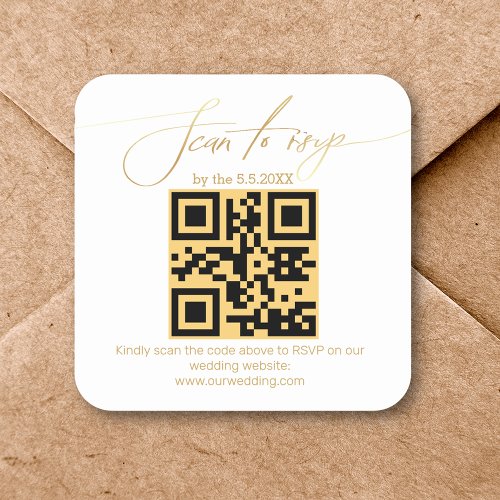 elegant gold handwriting rsvp qr code wedding   square sticker