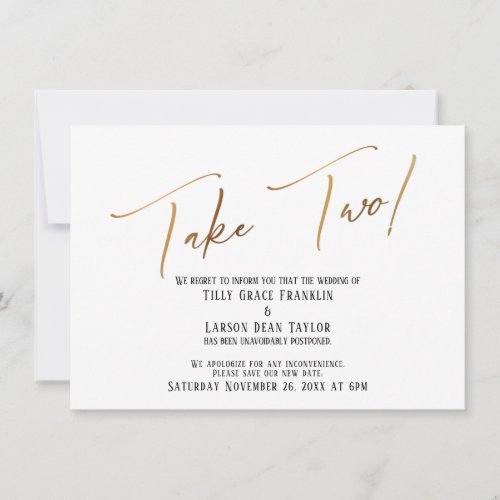 Elegant Gold Handwriting Take Two Wedding Delay Invitation