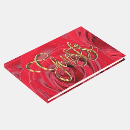Elegant Gold Handwriting Typography Red Roses Guest Book
