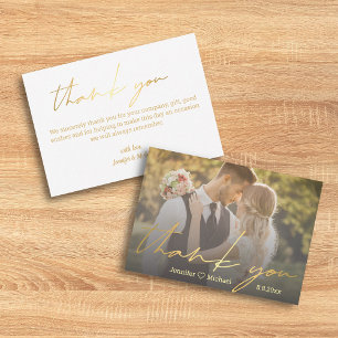 elegant gold handwritten wedding photo thank you note card