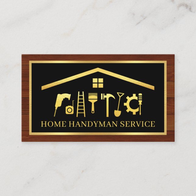 Elegant Gold Handyman Tools Frame On Wood Business Card (Front)