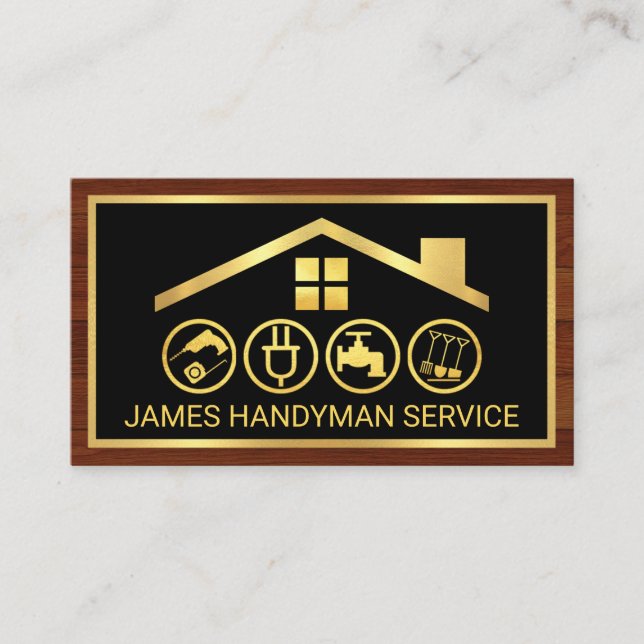 Elegant Gold Handyman Tools Frame On Wood Panel Business Card (Front)