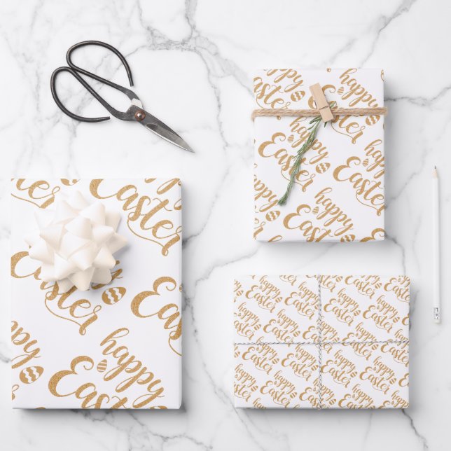 Elegant Gold Happy Easter Spring Easter Egg Wrapping Paper Sheets (Front)