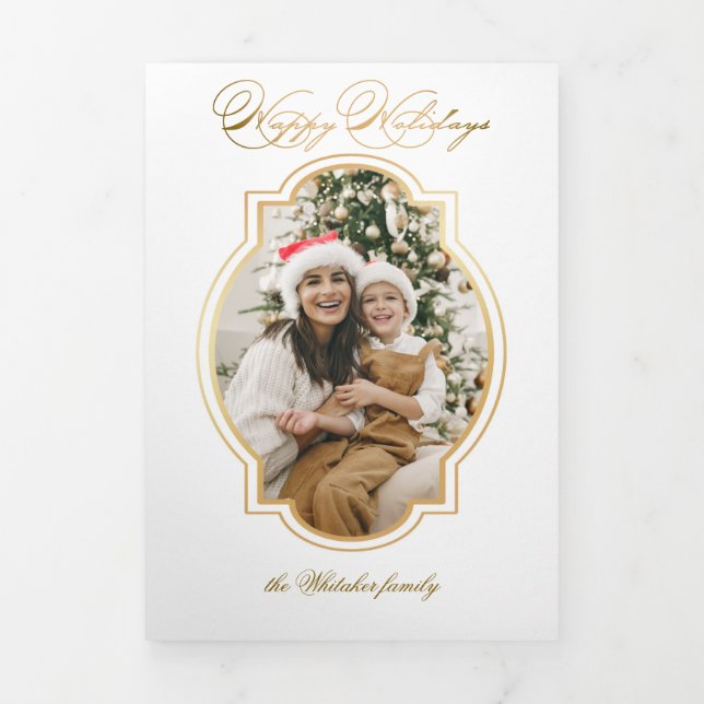 Elegant Gold Happy Holidays Script Unique Photo Tri-Fold Card (Cover)