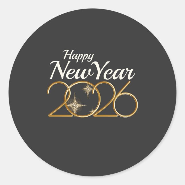 Elegant Gold “Happy New Year 2026” Black & Gold  Classic Round Sticker (Front)