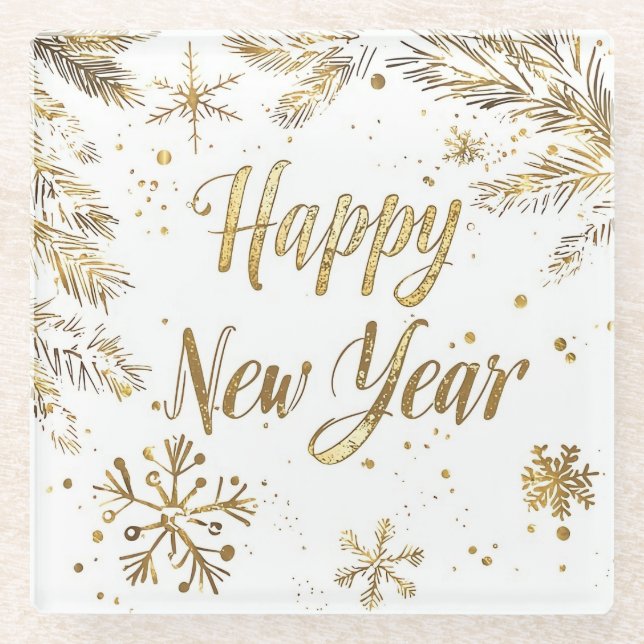 Elegant Gold “Happy New Year” Glass Coaster (Front)