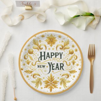 Elegant Gold Happy New Year Paper Plate