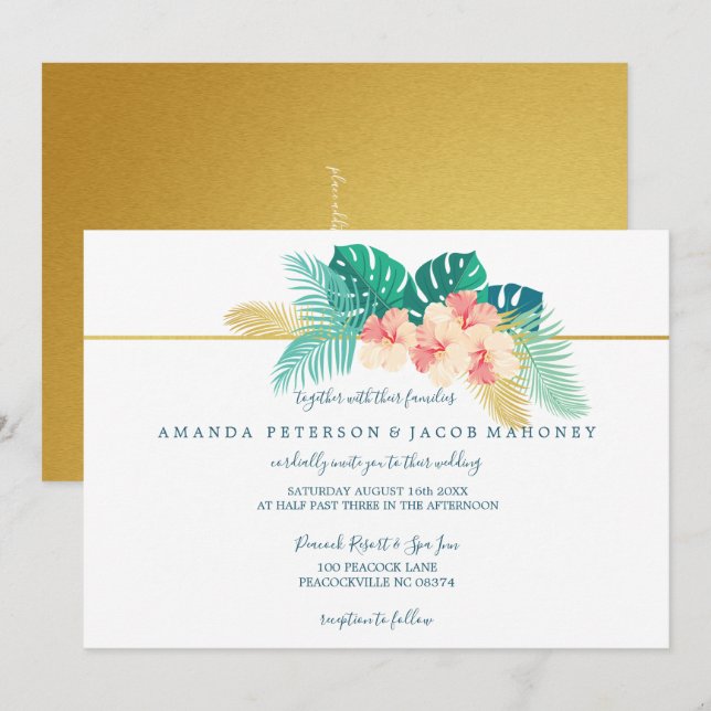 Elegant Gold Hawaiian Hibiscus Wedding Invitations (Front/Back)