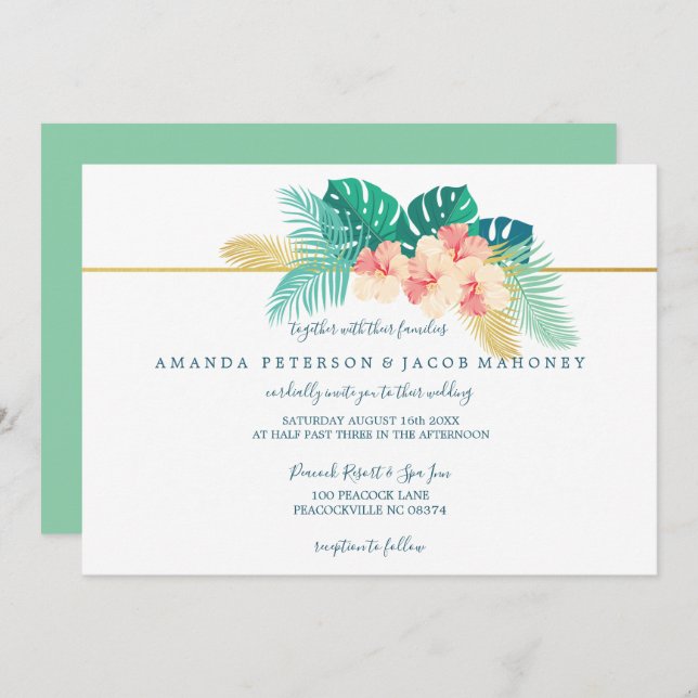 Elegant Gold Hawaiian Hibiscus Wedding Invitations (Front/Back)