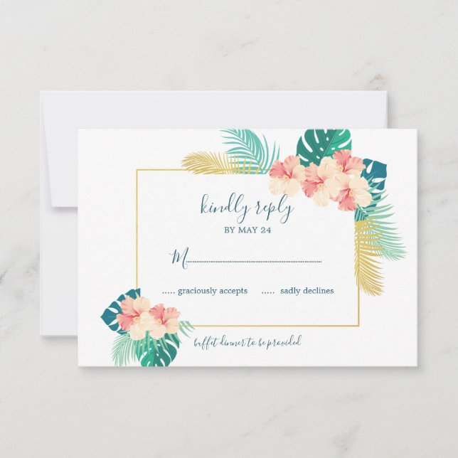 Elegant Gold Hawaiian Hibiscus Wedding RSVP Cards (Front)