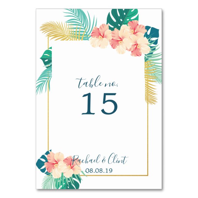 Elegant Gold Hawaiian Hibiscus Wedding Table Cards (Front)