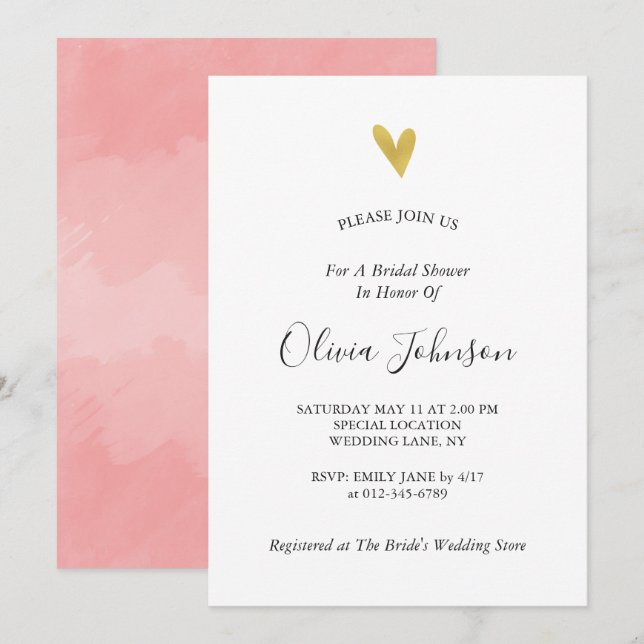 Elegant Gold Heart Bridal Shower Invitation (Front/Back)