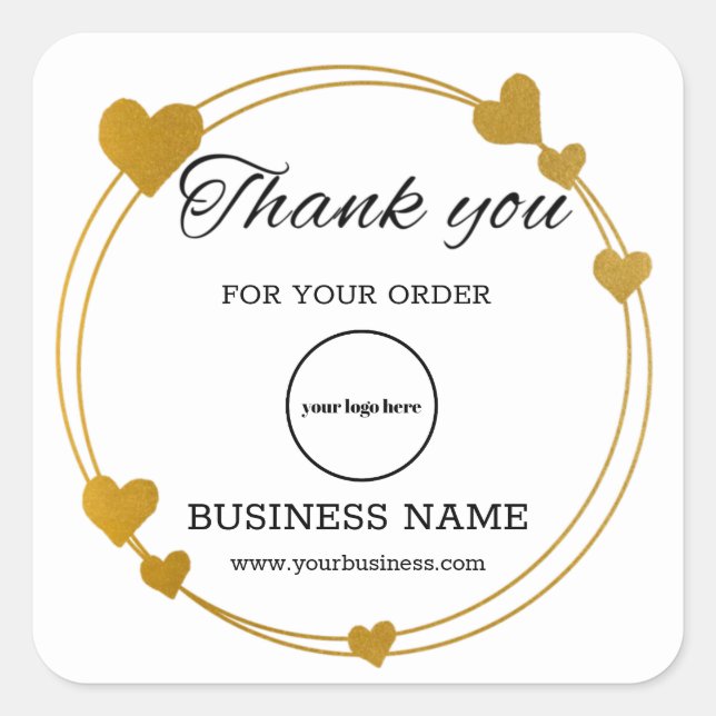 Elegant Gold Heart Business Thank You  Square Sticker (Front)