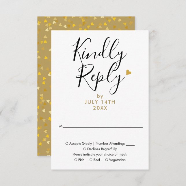 Elegant Gold Heart Chic Script Wedding RSVP Card (Front/Back)