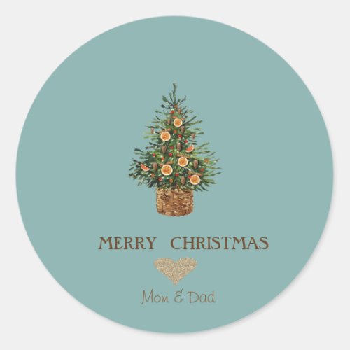 Elegant Gold Heart Christmas Tree Orange Classic Round Sticker