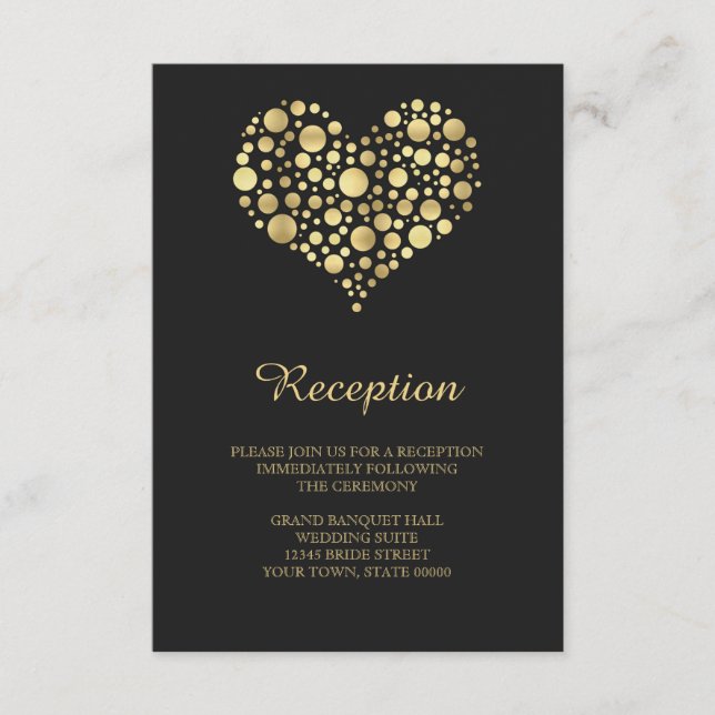 Elegant Gold Heart Dusty Black Reception Info Card (Front)