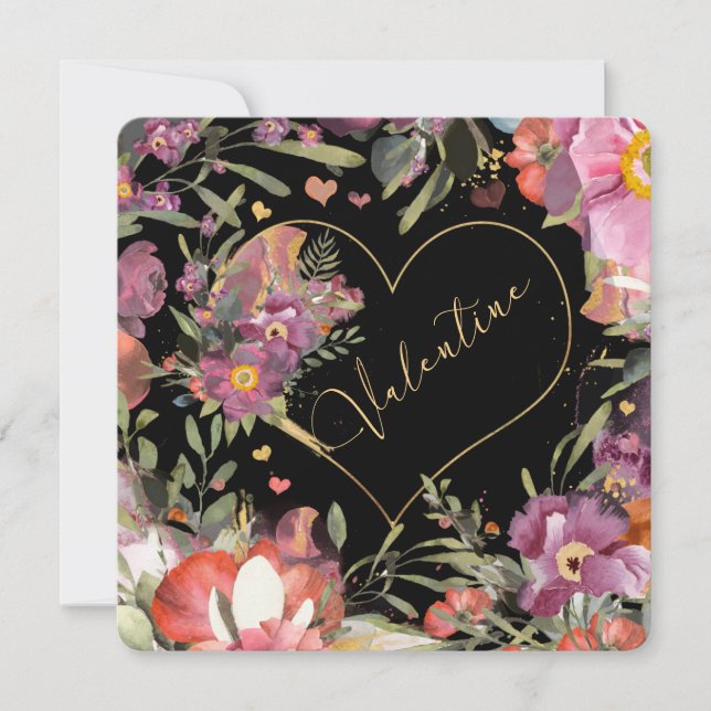 Elegant Gold Heart Floral Valentines  Holiday Card (Front)