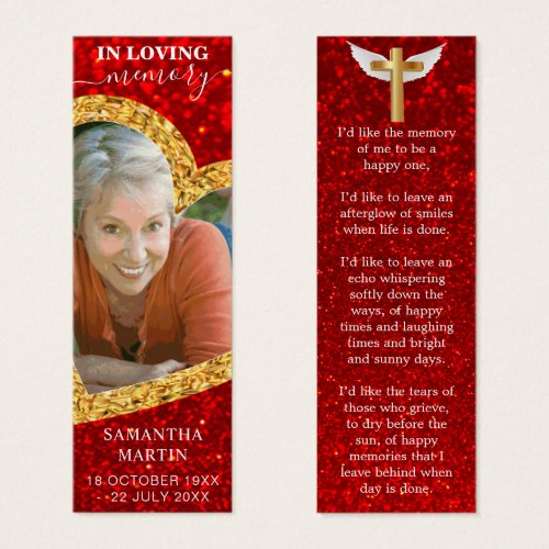 Elegant Gold Heart Memorial Poem Funeral Bookmark