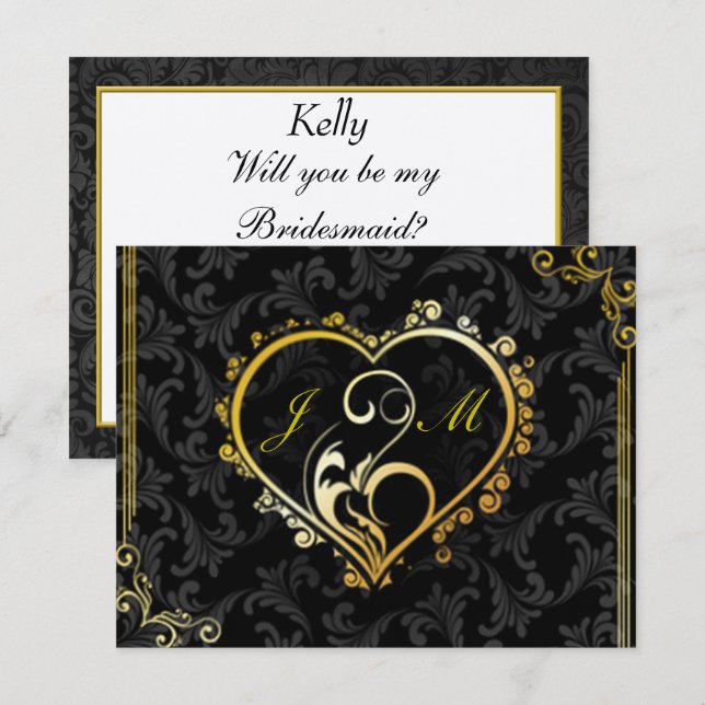 Elegant Gold Heart Monogram Bridesmaid Card (Front/Back)