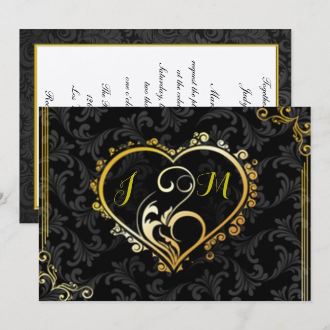 Elegant Gold Heart Monogram Wedding Invitation (Front/Back)