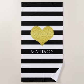 Elegant Gold Heart Name Black And White Stripes