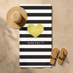 Elegant Gold Heart Name Black And White Stripes Beach Towel
