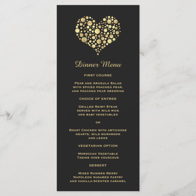 Elegant Gold Heart on Dusty Black Slim Dinner Menu (Front)